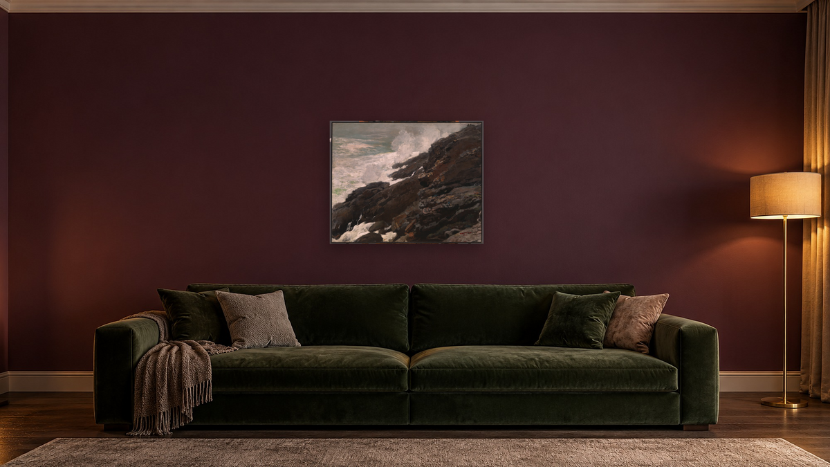 High Cliff, Coast of Maine by Winslow Homer, shown at 32 × 40 in (81.3 × 101.6 cm) as gallery-wrapped canvas, den