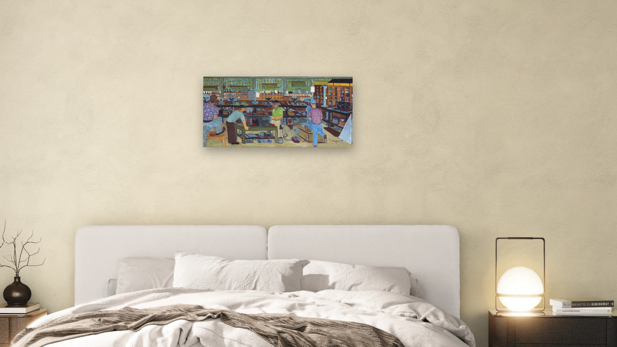 Bench Workers by Ralph Fasanella, shown at 20 × 40 in (50.8 × 101.6 cm) as gallery-wrapped canvas, bedroom