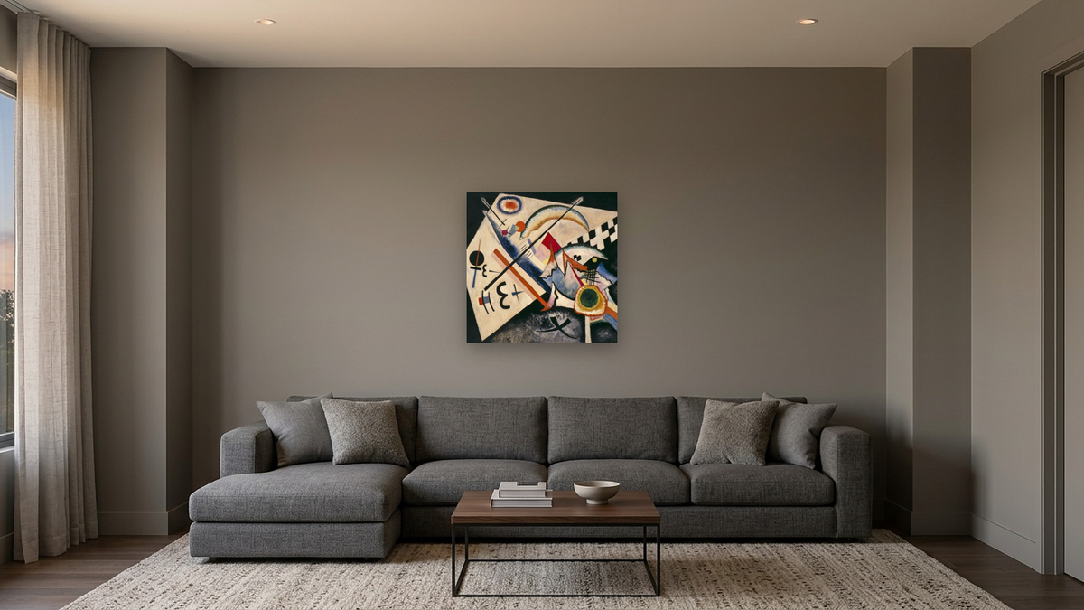 White Cross, shown at 32 × 32 in (81.3 × 81.3 cm) as gallery-wrapped canvas, media room