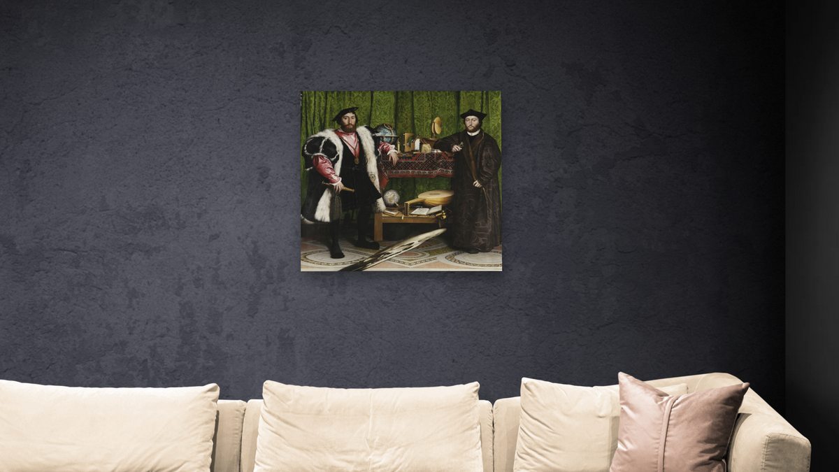 The Ambassadors by Hans Holbein the Younger, shown at 32 × 32 in (81.3 × 81.3 cm) as gallery-wrapped canvas, living