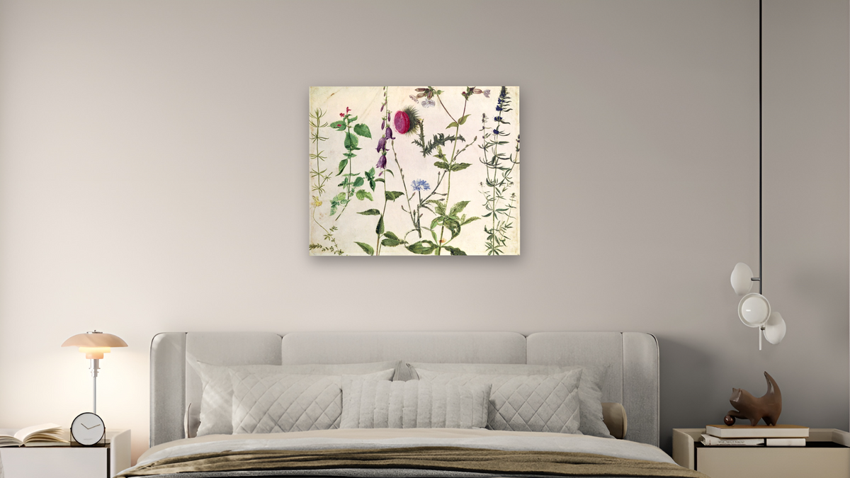 Eight Studies of Wild Flowers by Albrecht Dürer, shown at 32 × 40 in (81.3 × 101.6 cm) as gallery-wrapped canvas, bedroom