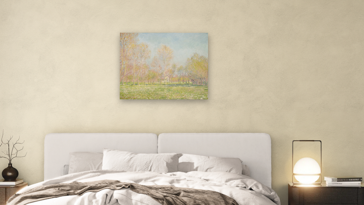 Spring in Giverny by Claude Monet, shown at 32 × 40 in (81.3 × 101.6 cm) as gallery-wrapped canvas, bedroom