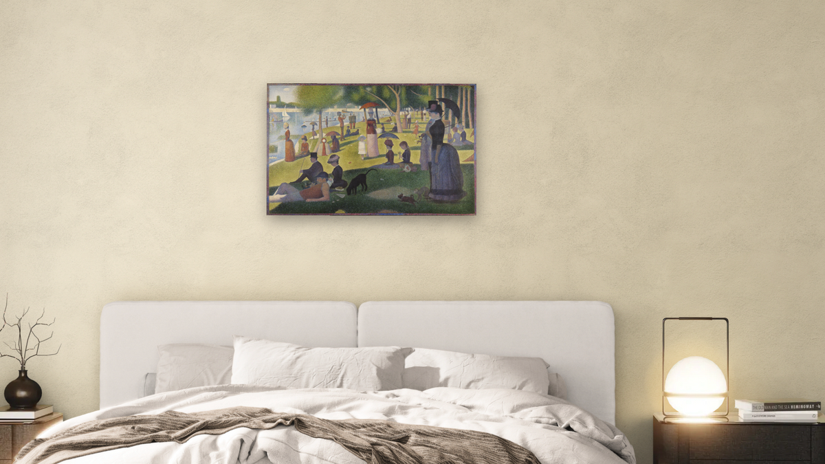 A Sunday on La Grande Jatte -- 1884 by Georges Seurat, shown at 28 × 42 in (71.1 × 106.7 cm) as gallery-wrapped canvas, bedroom