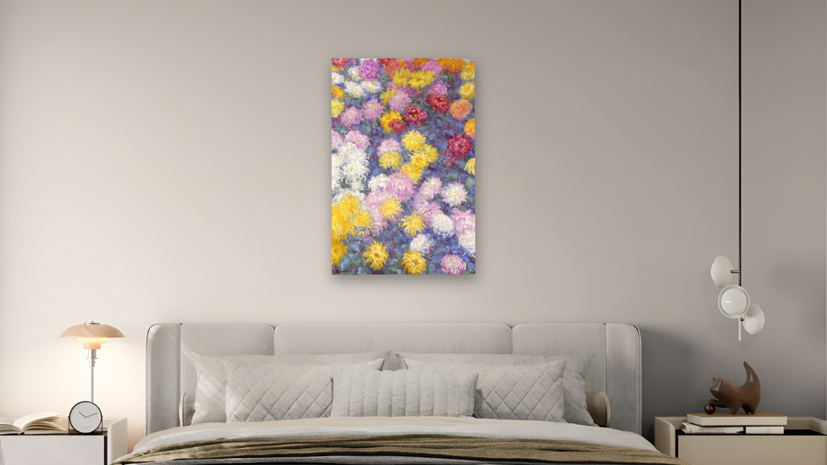 Chrysanthemums by Claude Monet, shown at 28 × 42 in (71.1 × 106.7 cm) as gallery-wrapped canvas, bedroom