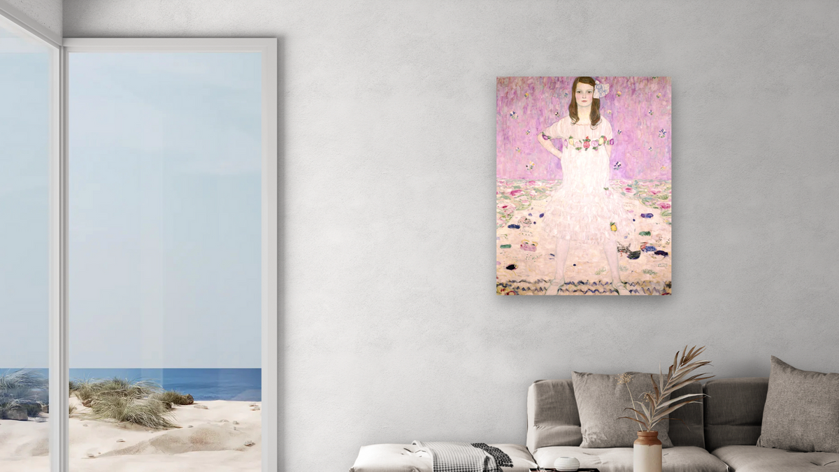 Girl in White by Gustav Klimt, shown at 30 × 40 in (76.2 × 101.6 cm) as gallery-wrapped canvas, living