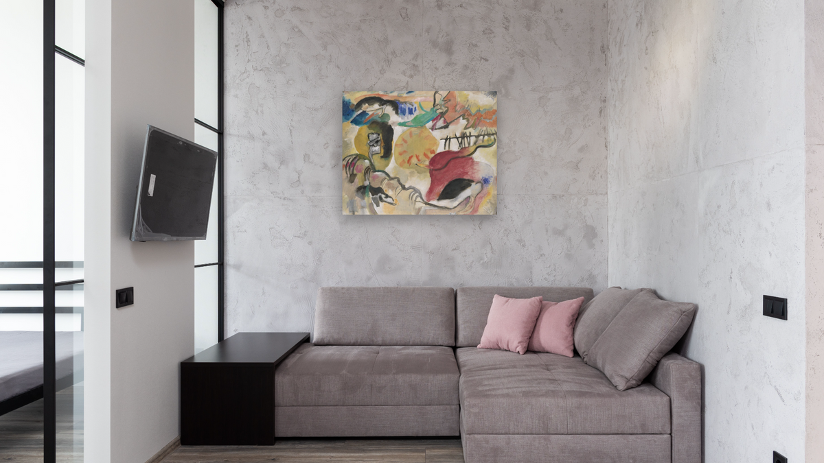 Improvisation 27 (Garden of Love II), shown at 32 × 40 in (81.3 × 101.6 cm) as gallery-wrapped canvas, media room
