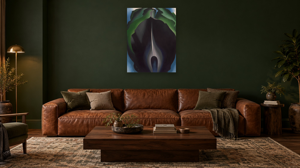 Jack-in-the-Pulpit No. IV by Georgia O'Keeffe, shown at 30 × 40 in (76.2 × 101.6 cm) as gallery-wrapped canvas, den