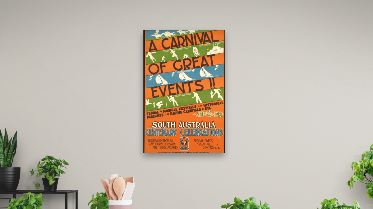 BPL Travel Posters, shown at 28 × 42 in (71.1 × 106.7 cm) as gallery-wrapped canvas, dining