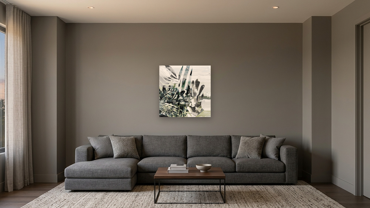 Garden by Dan Hobday, shown at 32 × 32 in (81.3 × 81.3 cm) as gallery-wrapped canvas, media room