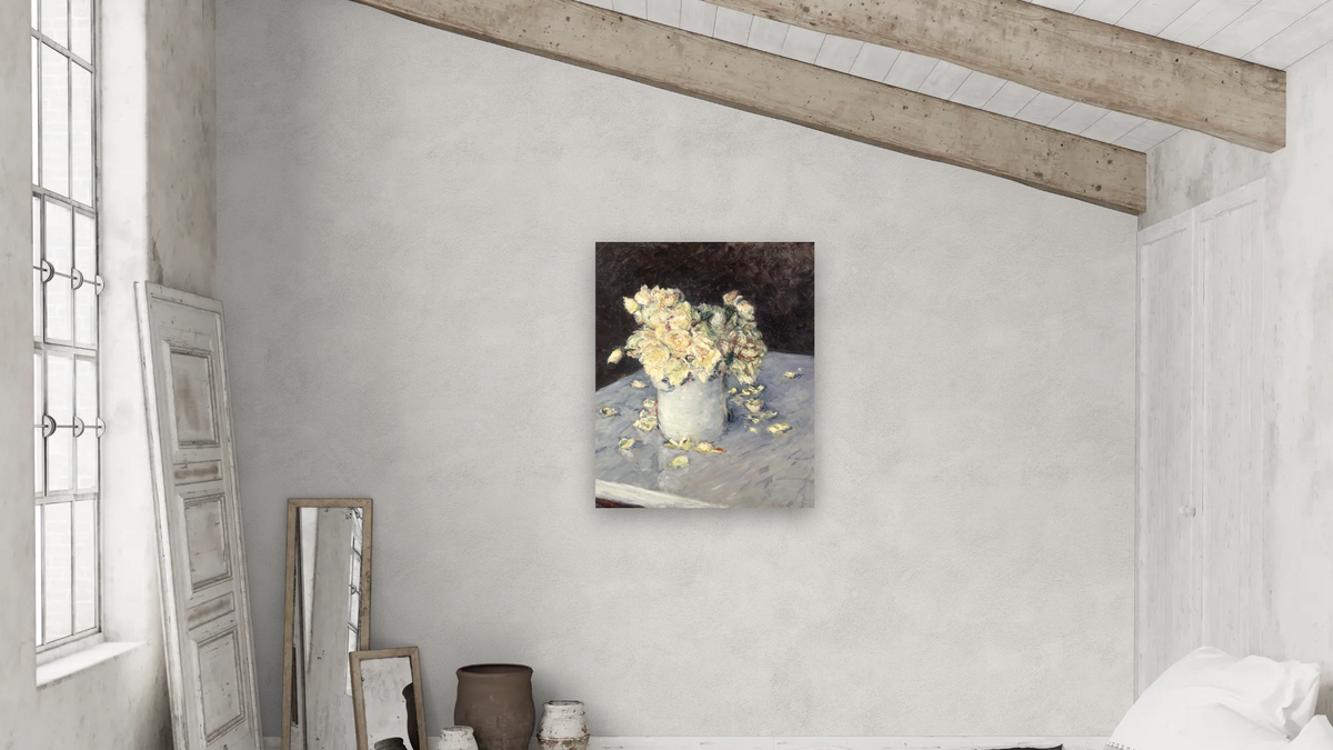 Yellow Roses in a Vase (Roses jaunes dans un vase) by Gustave Caillebotte, shown at 32 × 40 in (81.3 × 101.6 cm) as gallery-wrapped canvas, bedroom