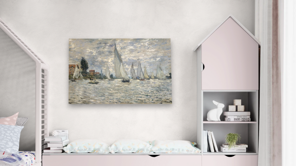 The Regatta at Argenteuil, ca. 1874 by Claude Monet, shown at 28 × 42 in (71.1 × 106.7 cm) as gallery-wrapped canvas, bedroom