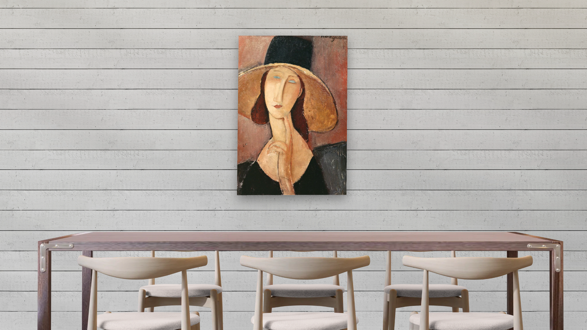 Portrait of Jeanne Hebuterne in a large hat by Amedeo Modigliani, shown at 28 × 42 in (71.1 × 106.7 cm) as gallery-wrapped canvas, dining