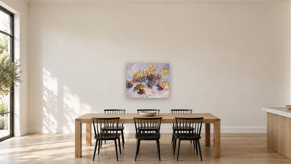 Grapes, Lemons, Pears, and Apples by Vincent van Gogh, shown at 32 × 40 in (81.3 × 101.6 cm) as gallery-wrapped canvas, kitchen
