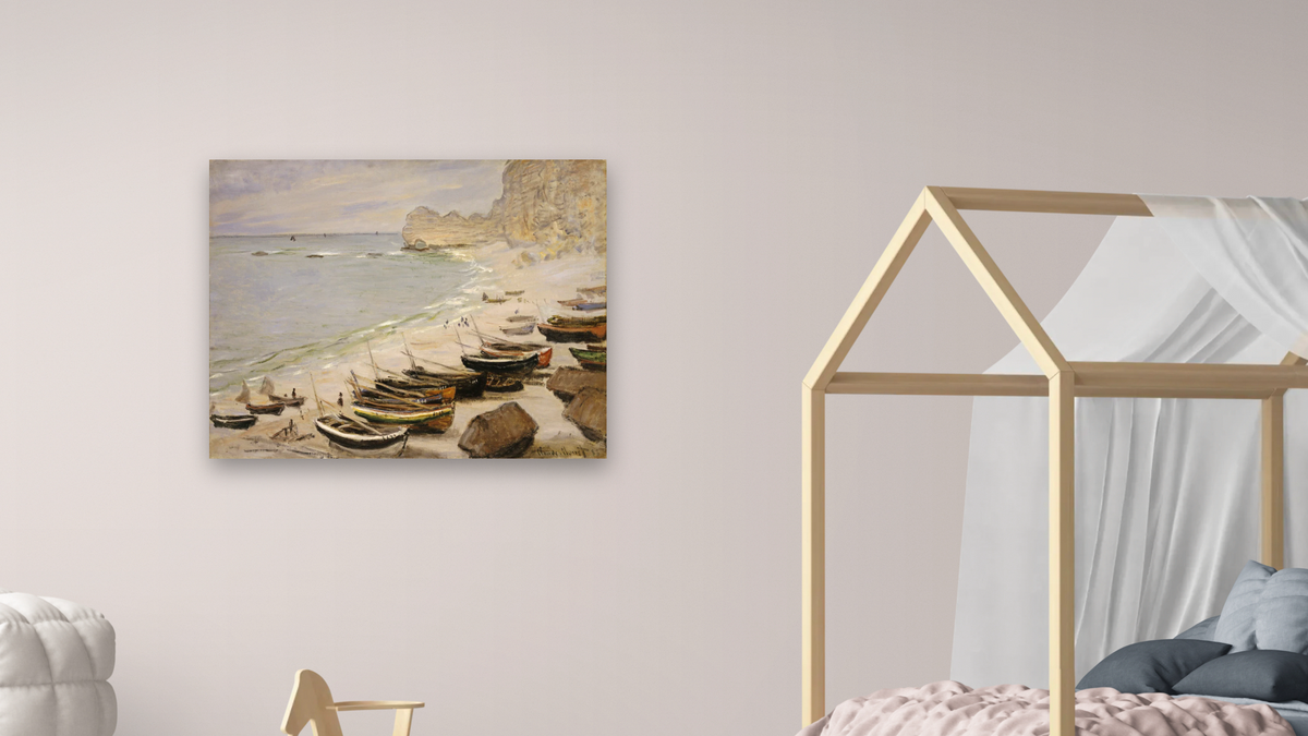 Boat on the Beach at Etretat by Claude Monet, shown at 32 × 40 in (81.3 × 101.6 cm) as gallery-wrapped canvas, bedroom