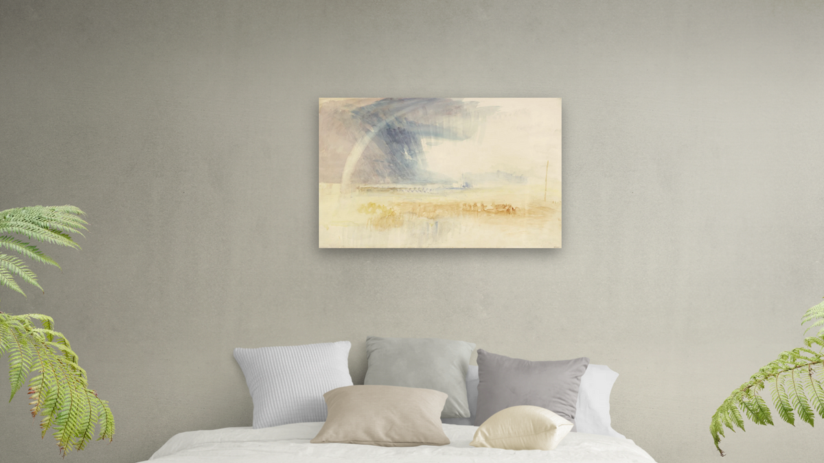 Rainbow among Purple and Blue Clouds by Joseph Mallord William Turner, shown at 28 × 42 in (71.1 × 106.7 cm) as gallery-wrapped canvas, bedroom