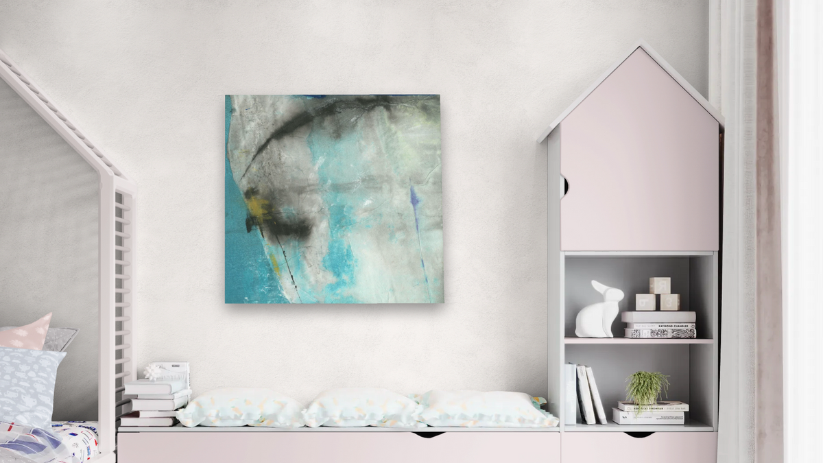No. 195 by Michelle Oppenheimer, shown at 32 × 32 in (81.3 × 81.3 cm) as gallery-wrapped canvas, bedroom