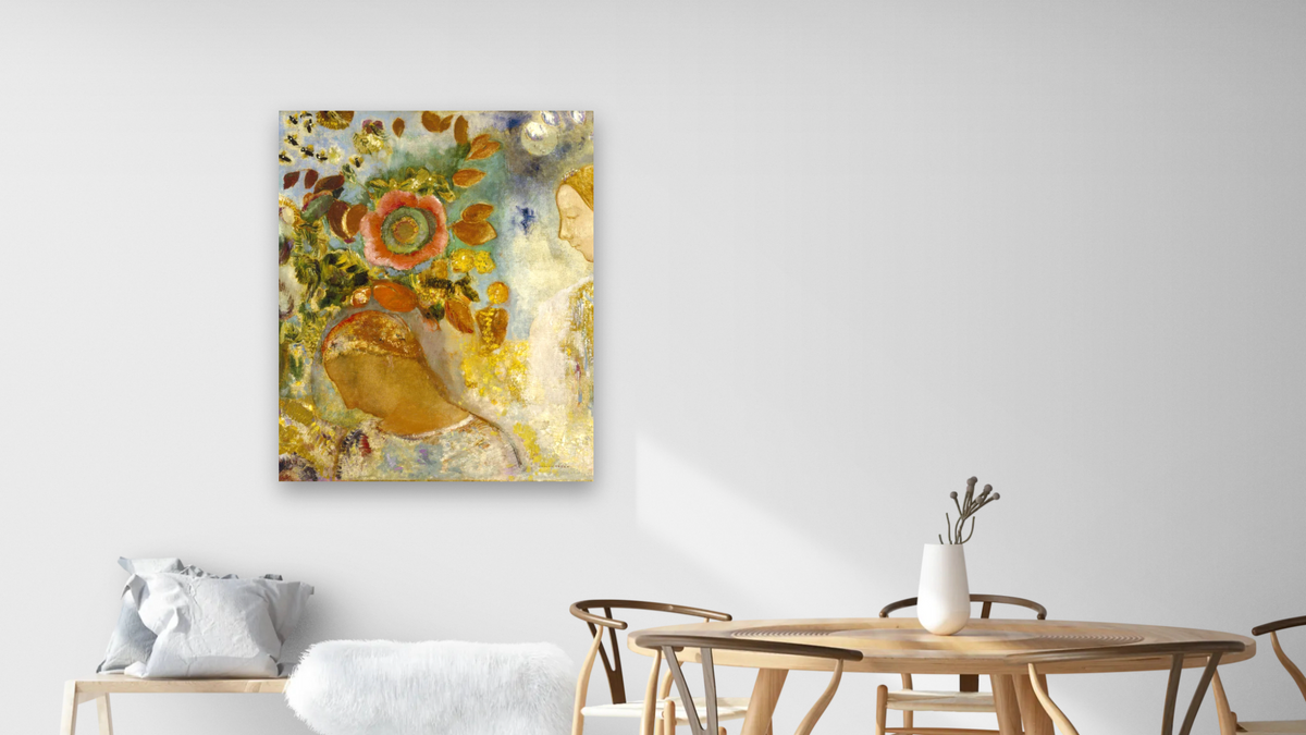 Two Young Girls among Flowers, 1912 by Odilon Redon, shown at 32 × 40 in (81.3 × 101.6 cm) as gallery-wrapped canvas, dining