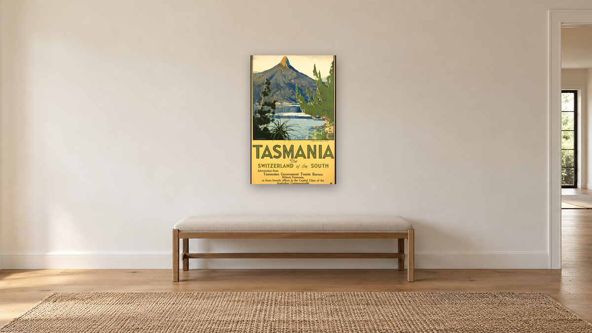 BPL Travel Posters, shown at 28 × 42 in (71.1 × 106.7 cm) as gallery-wrapped canvas, hallway