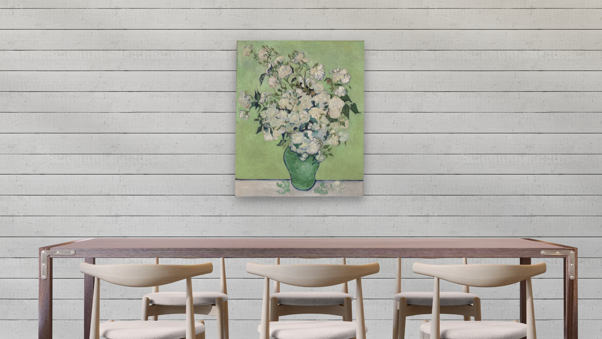 Roses by Vincent van Gogh, shown at 32 × 40 in (81.3 × 101.6 cm) as gallery-wrapped canvas, dining