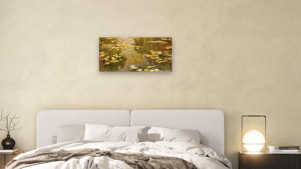 The Lily Pond by Claude Monet, shown at 20 × 40 in (50.8 × 101.6 cm) as gallery-wrapped canvas, bedroom