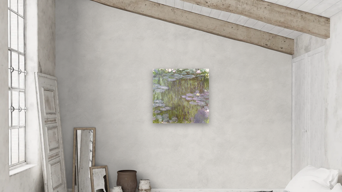 Nympheas at Giverny by Claude Monet, shown at 32 × 32 in (81.3 × 81.3 cm) as gallery-wrapped canvas, bedroom