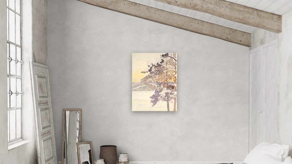 Pines in Winter Landscape by Hilma af Klint, shown at 30 × 40 in (76.2 × 101.6 cm) as gallery-wrapped canvas, bedroom