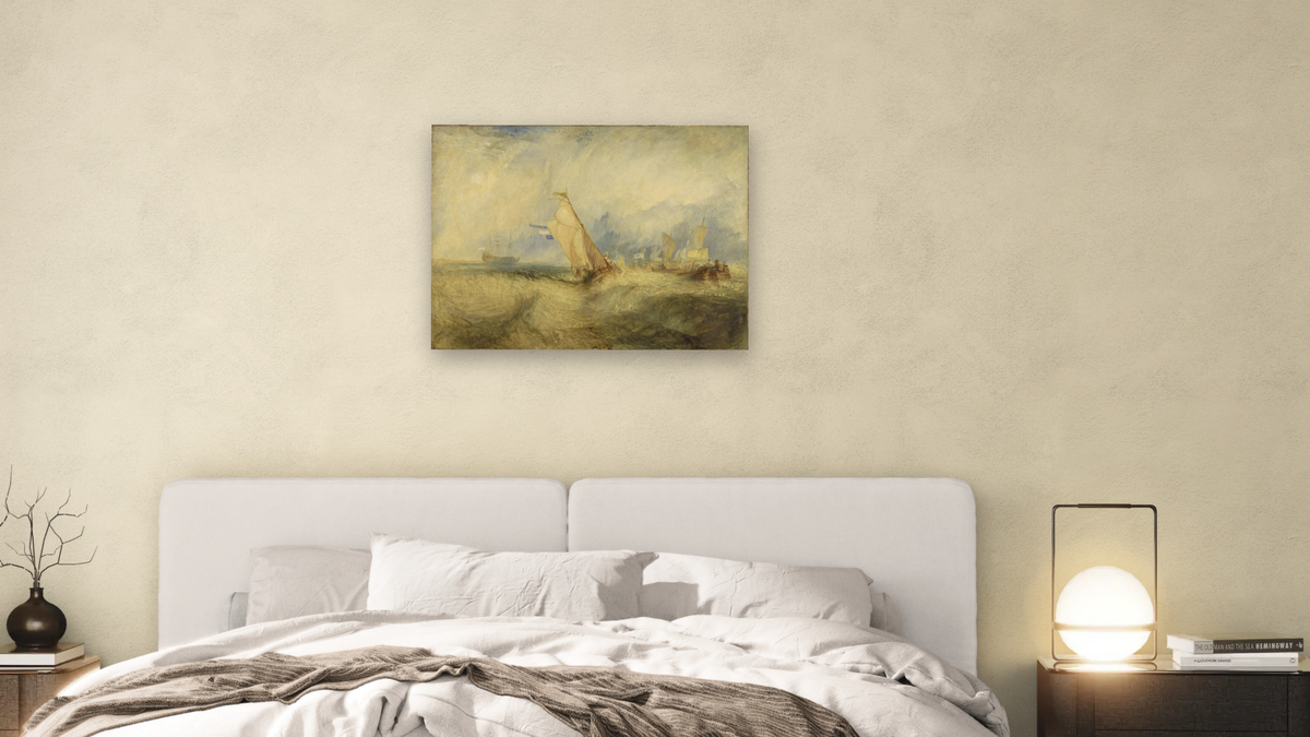 Van Tromp, going about to please his Masters, Ships a Sea, getting a Good Wetting by Joseph Mallord William Turner, shown at 30 × 40 in (76.2 × 101.6 cm) as gallery-wrapped canvas, bedroom