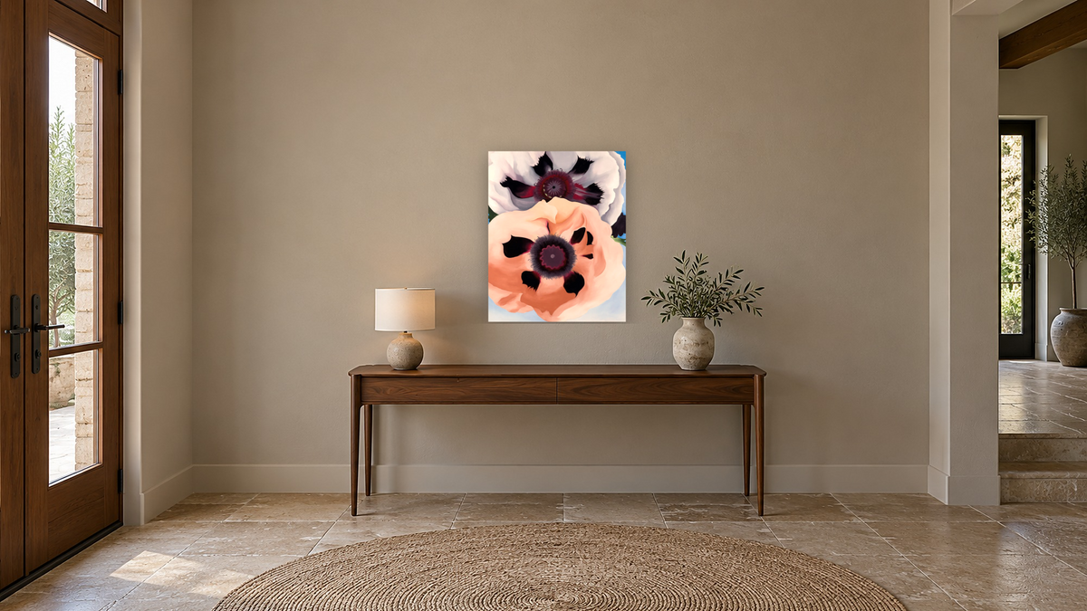 Poppies by Georgia O'Keeffe, shown at 32 × 40 in (81.3 × 101.6 cm) as gallery-wrapped canvas, hallway
