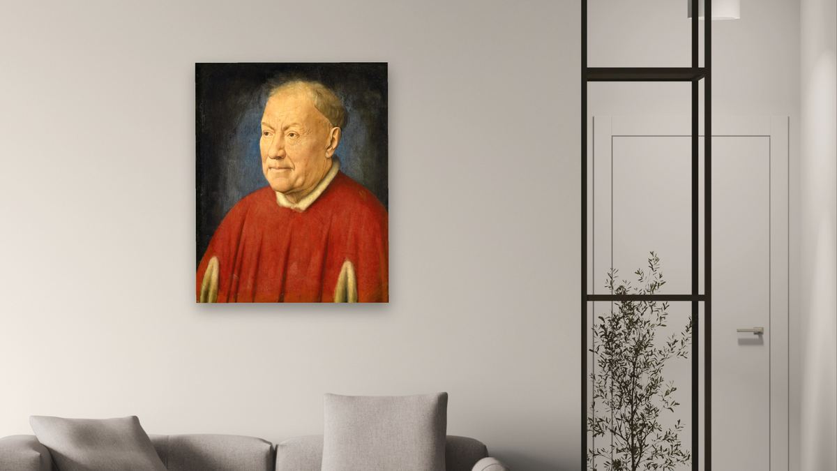 Cardinal Niccolò Albergati by Jan van Eyck, shown at 32 × 40 in (81.3 × 101.6 cm) as gallery-wrapped canvas, living
