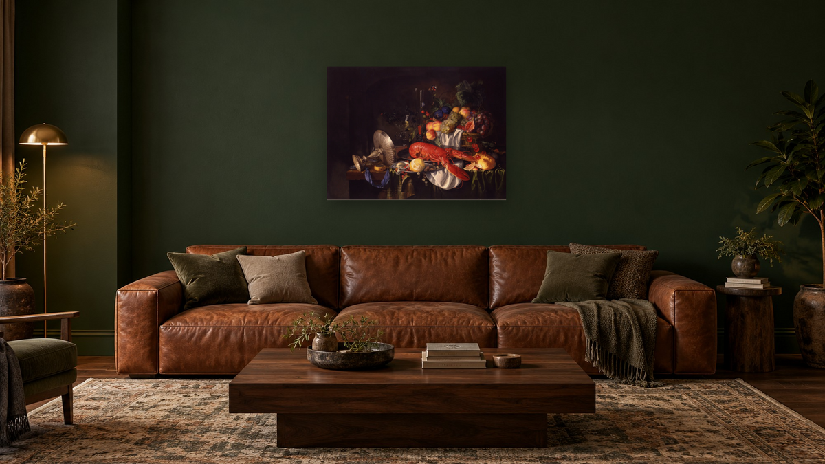 Still Life with a Lobster by Jan Davidsz de Heem, shown at 30 × 40 in (76.2 × 101.6 cm) as gallery-wrapped canvas, den