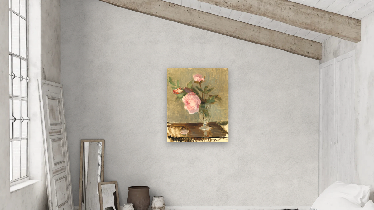 Peonies by Berthe Morisot, shown at 32 × 40 in (81.3 × 101.6 cm) as gallery-wrapped canvas, bedroom