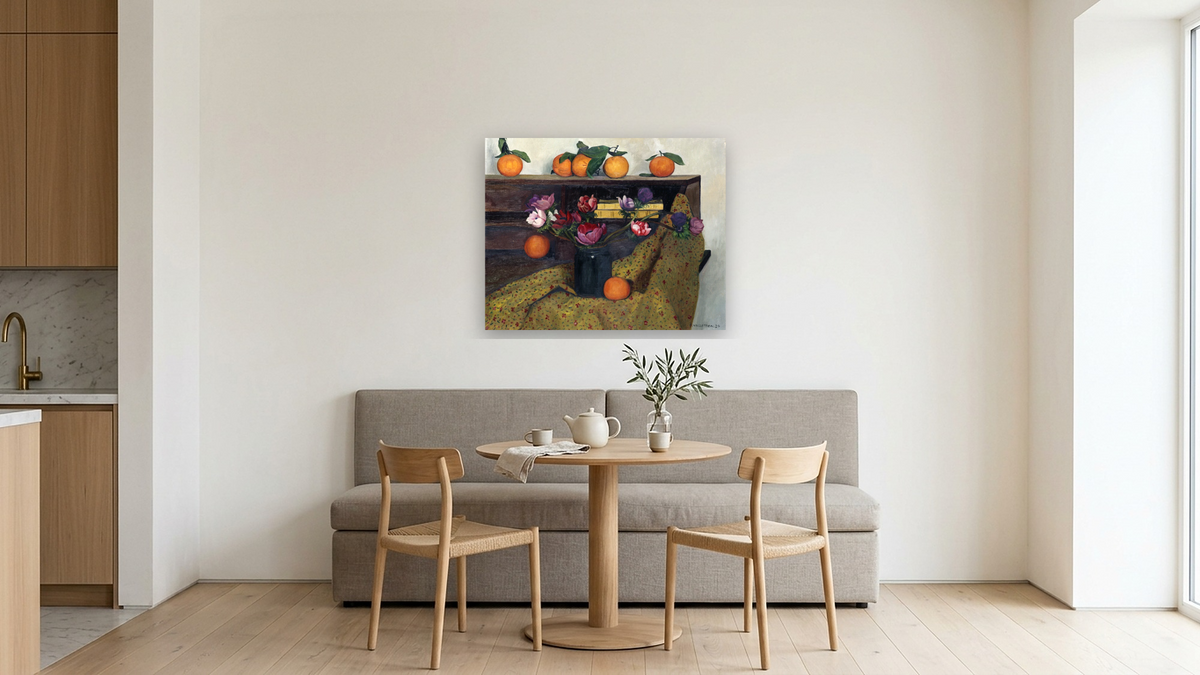 Anemones And Oranges by Félix Vallotton, shown at 32 × 40 in (81.3 × 101.6 cm) as gallery-wrapped canvas, kitchen
