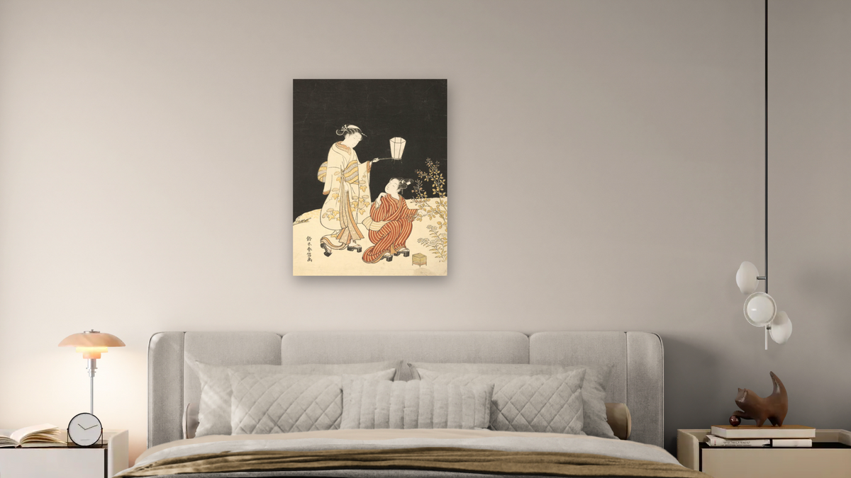 Searching for Fireflies by Suzuki Harunobu, shown at 30 × 40 in (76.2 × 101.6 cm) as gallery-wrapped canvas, bedroom