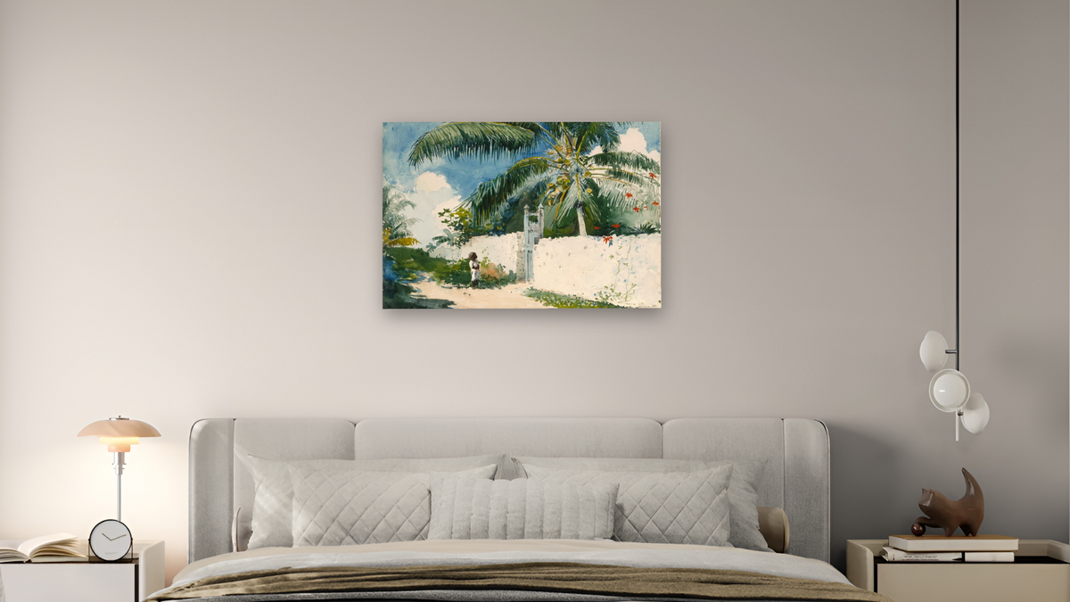 A Garden in Nassau by Winslow Homer, shown at 28 × 42 in (71.1 × 106.7 cm) as gallery-wrapped canvas, bedroom
