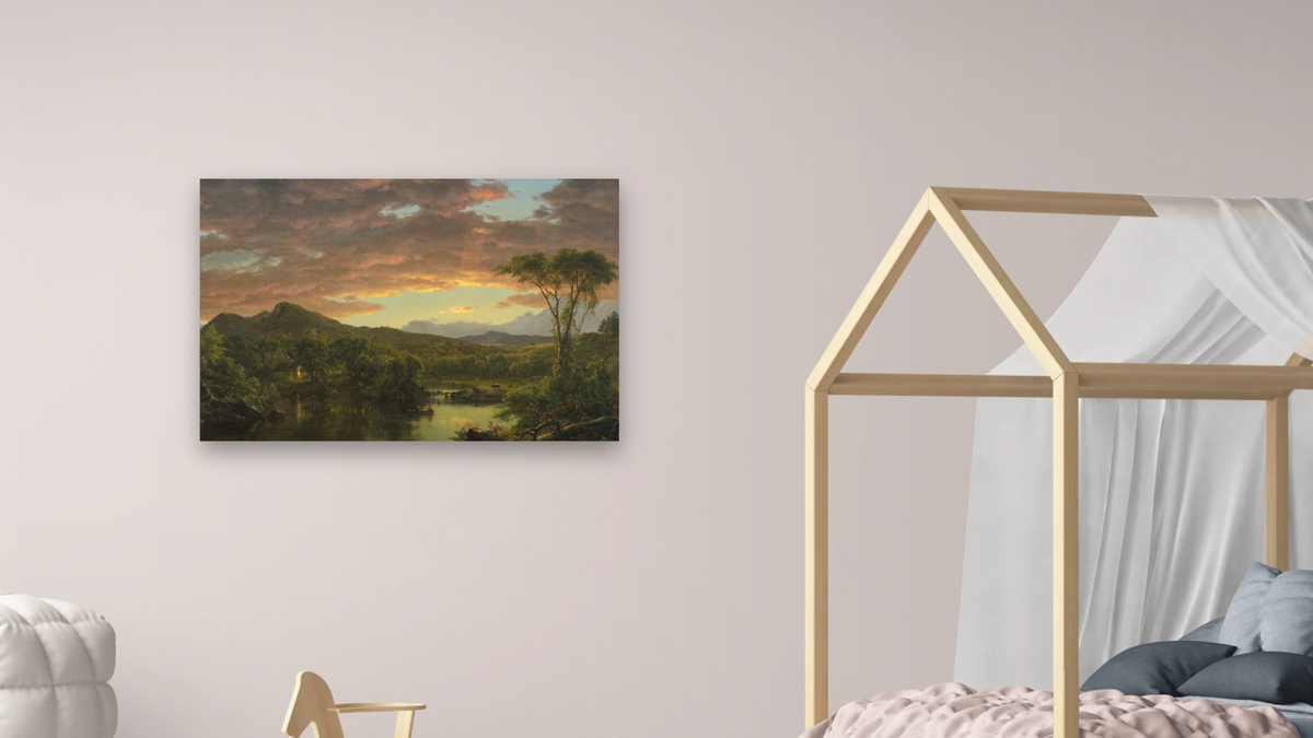 A Country Home by Frederic Edwin Church, shown at 28 × 42 in (71.1 × 106.7 cm) as gallery-wrapped canvas, bedroom