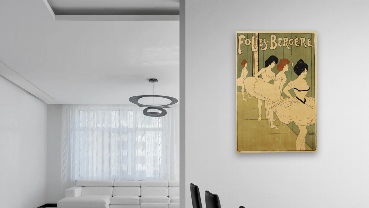 Folies-Bergere Poster by Maurice Biais, shown at 28 × 42 in (71.1 × 106.7 cm) as gallery-wrapped canvas, dining