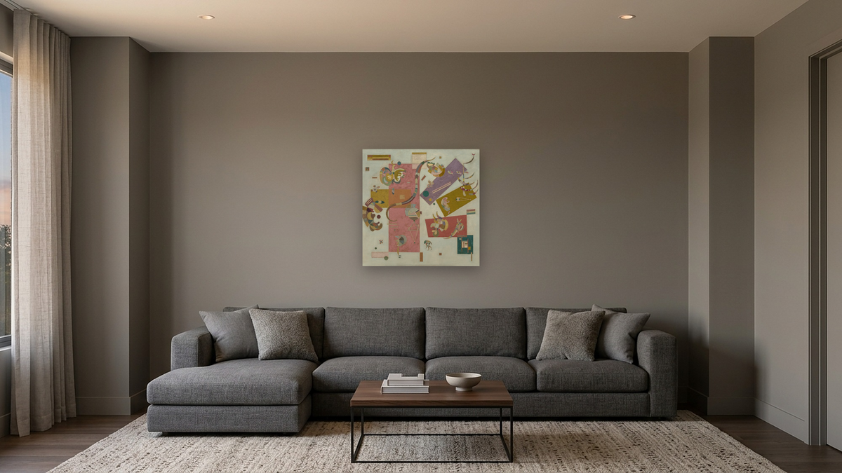 Blue World, shown at 32 × 32 in (81.3 × 81.3 cm) as gallery-wrapped canvas, media room