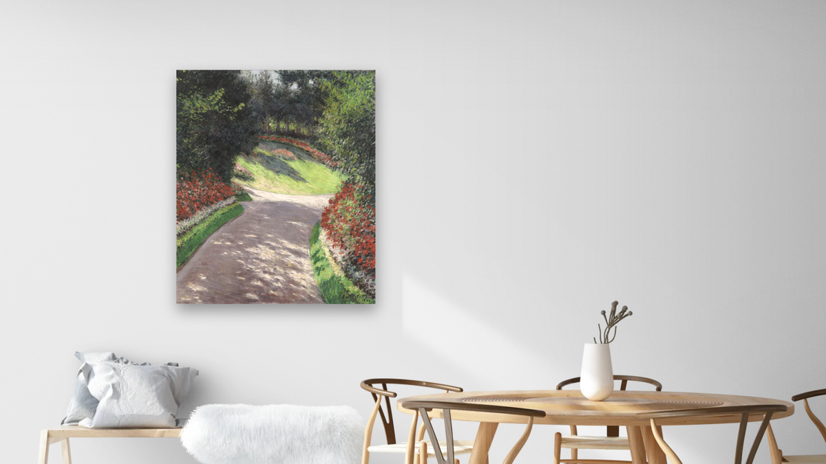 The Path in the Garden by Gustave Caillebotte, shown at 32 × 40 in (81.3 × 101.6 cm) as gallery-wrapped canvas, dining