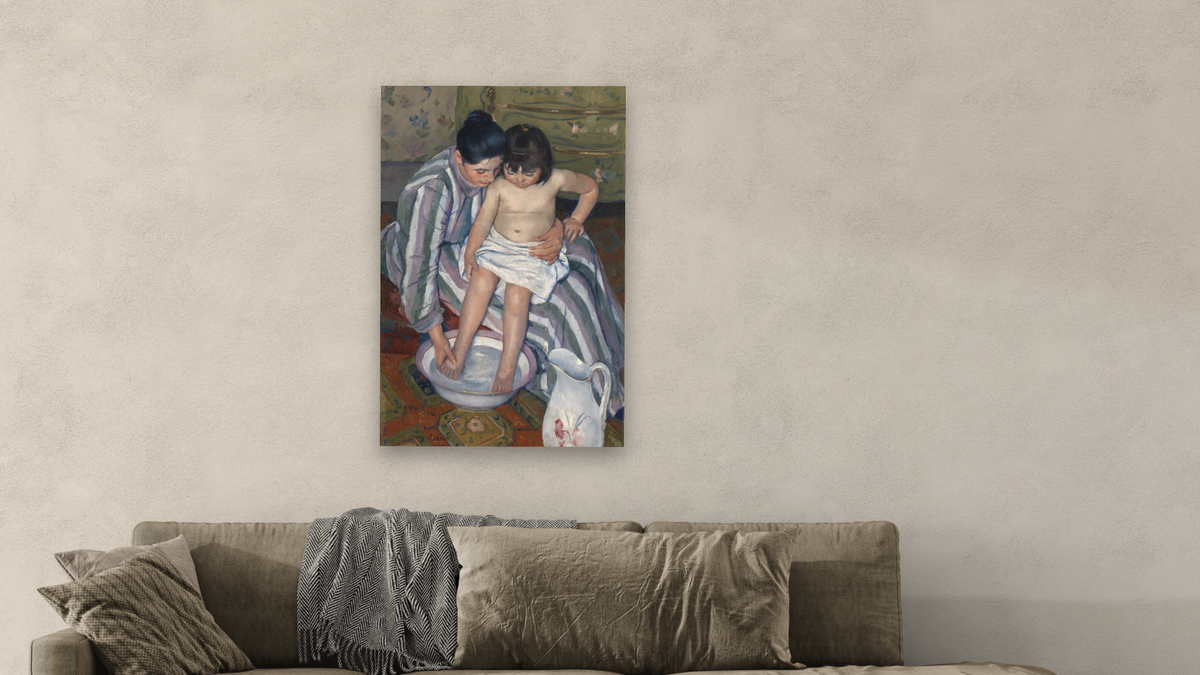 The Child's Bath by Mary Cassatt, shown at 28 × 42 in (71.1 × 106.7 cm) as gallery-wrapped canvas, living