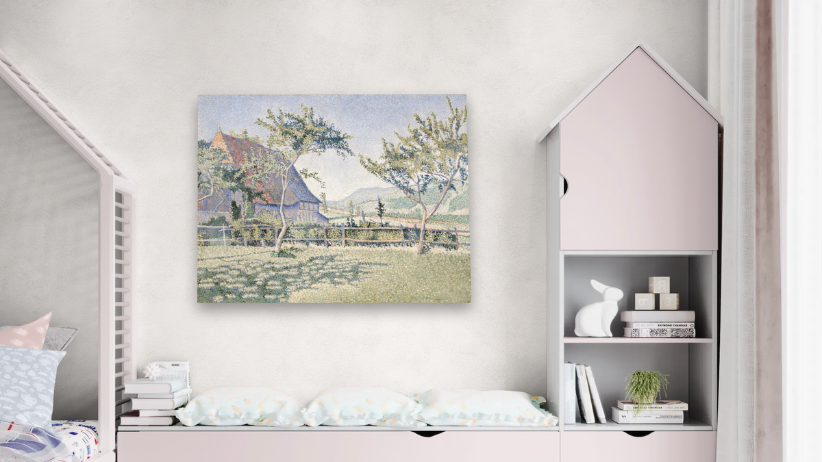 Comblat-le-Château, the Meadow (Le pré), Opus 161 by Paul Signac, shown at 32 × 40 in (81.3 × 101.6 cm) as gallery-wrapped canvas, bedroom