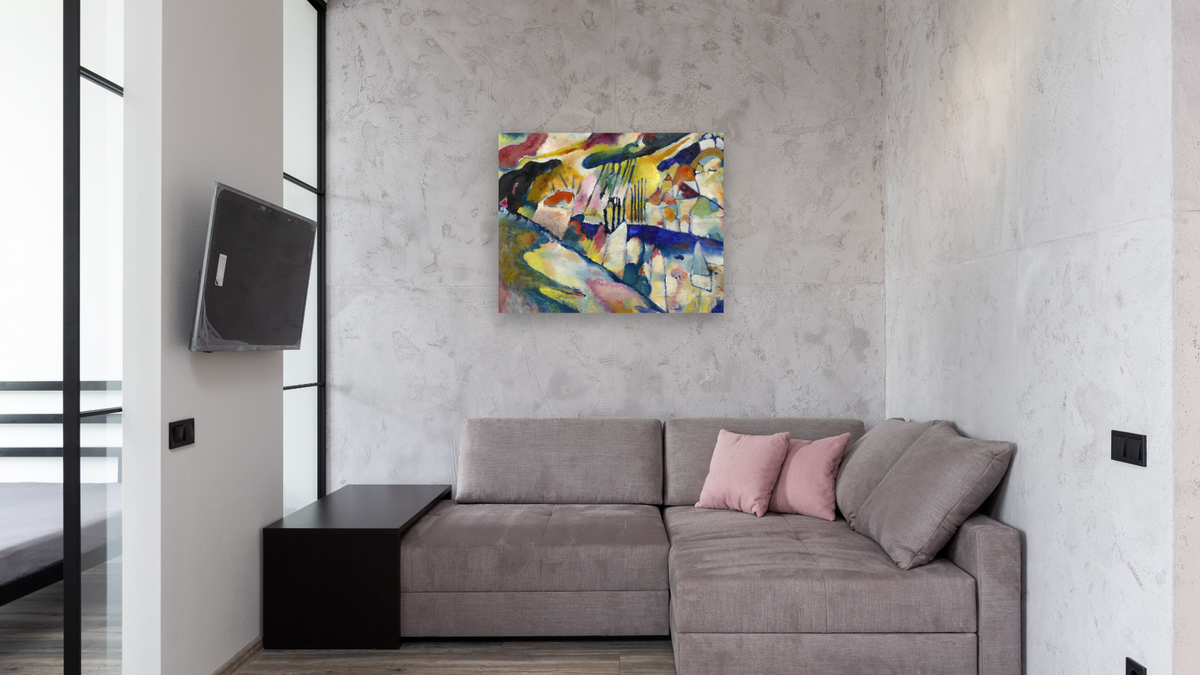 Landscape with Rain (Landschaft mit Regen), shown at 32 × 40 in (81.3 × 101.6 cm) as gallery-wrapped canvas, media room