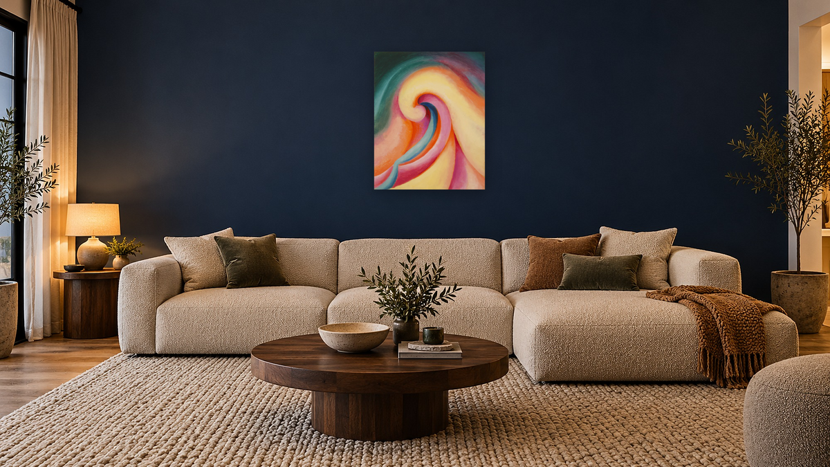 Series I—No. 3 by Georgia O'Keeffe, shown at 32 × 40 in (81.3 × 101.6 cm) as gallery-wrapped canvas, media room