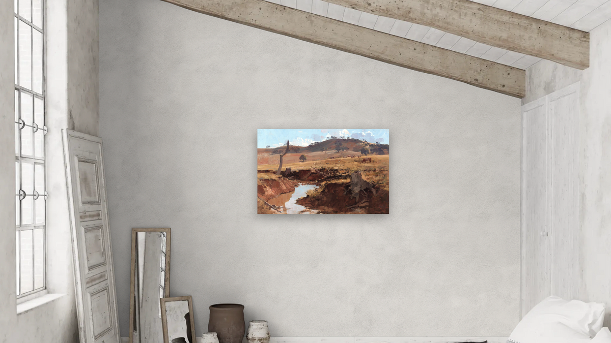 The Creek by Arthur Streeton, shown at 28 × 42 in (71.1 × 106.7 cm) as gallery-wrapped canvas, bedroom
