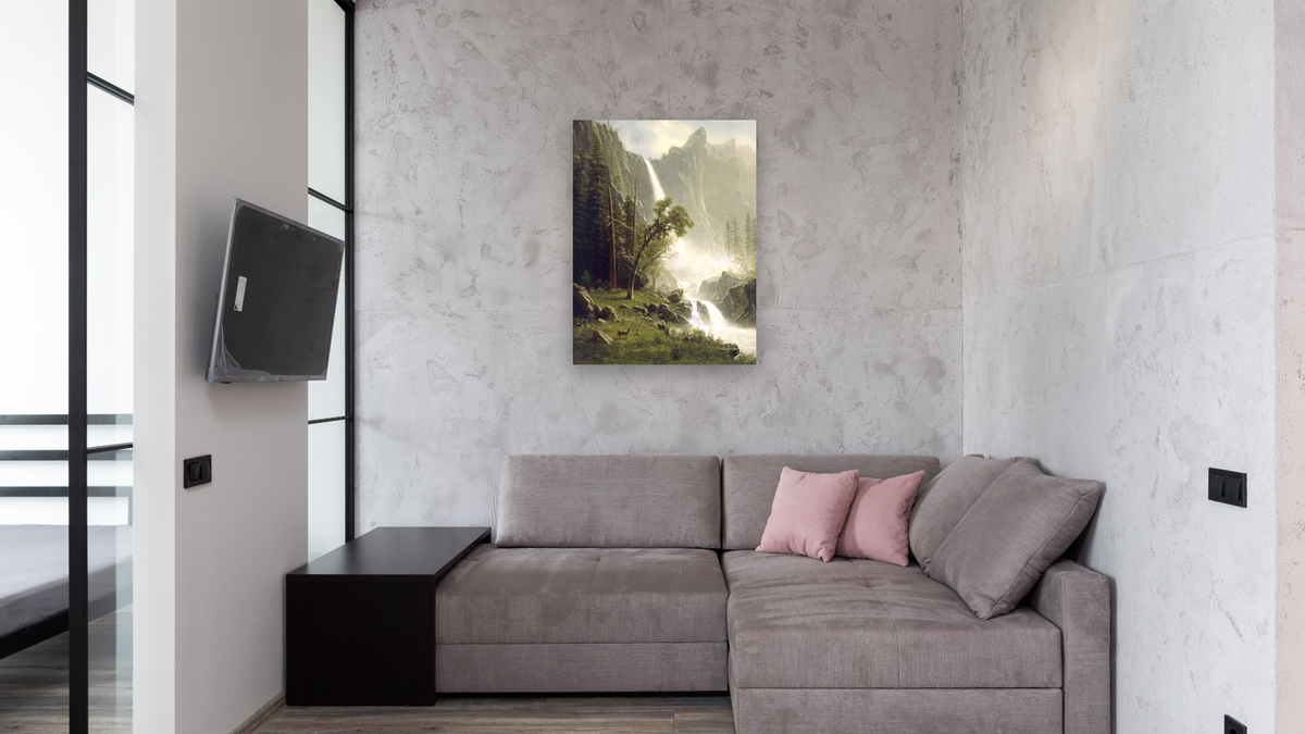Bridal Veil Falls, Yosemite by Albert Bierstadt, shown at 30 × 40 in (76.2 × 101.6 cm) as gallery-wrapped canvas, media room