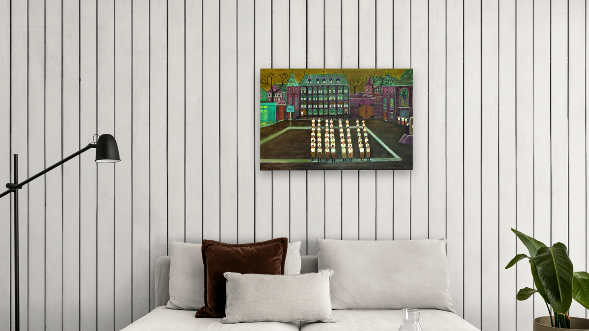 Lineup at the Protectory #2 by Ralph Fasanella, shown at 28 × 42 in (71.1 × 106.7 cm) as gallery-wrapped canvas, living