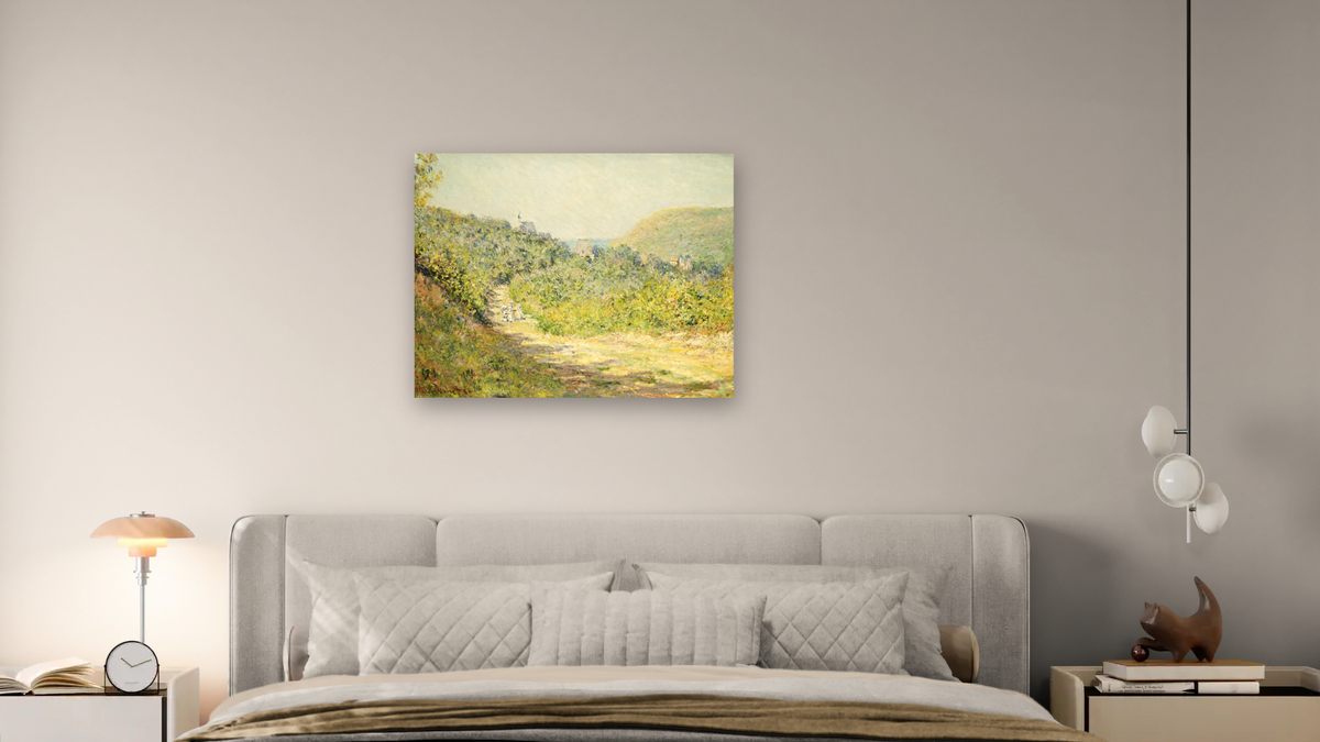 Aux Petites Dalles by Claude Monet, shown at 32 × 40 in (81.3 × 101.6 cm) as gallery-wrapped canvas, bedroom