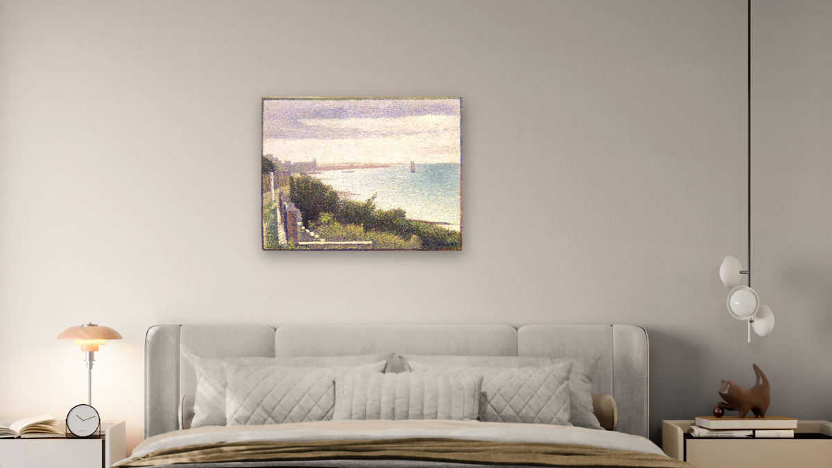 Grandcamp, Un Soir (Grandcamp, Evening) by Georges Seurat, shown at 32 × 40 in (81.3 × 101.6 cm) as gallery-wrapped canvas, bedroom