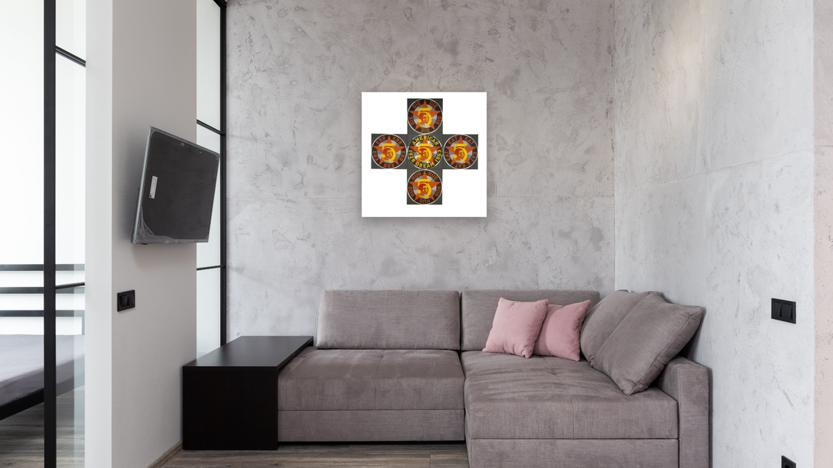 The Demuth American Dream No. 5 by Robert Indiana, shown at 32 × 32 in (81.3 × 81.3 cm) as gallery-wrapped canvas, media room