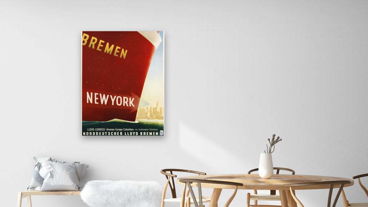Bremen New York Travel Poster by Kuck, shown at 30 × 40 in (76.2 × 101.6 cm) as gallery-wrapped canvas, dining