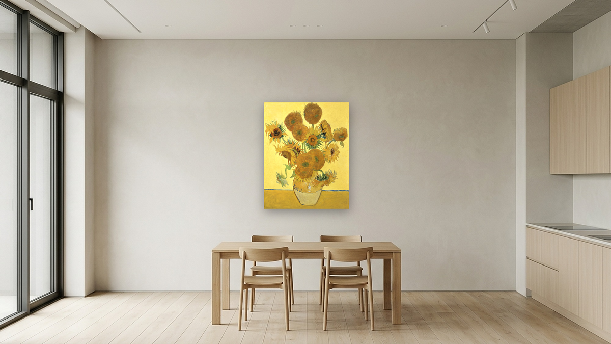 Sunflowers by Vincent van Gogh, shown at 32 × 40 in (81.3 × 101.6 cm) as gallery-wrapped canvas, kitchen